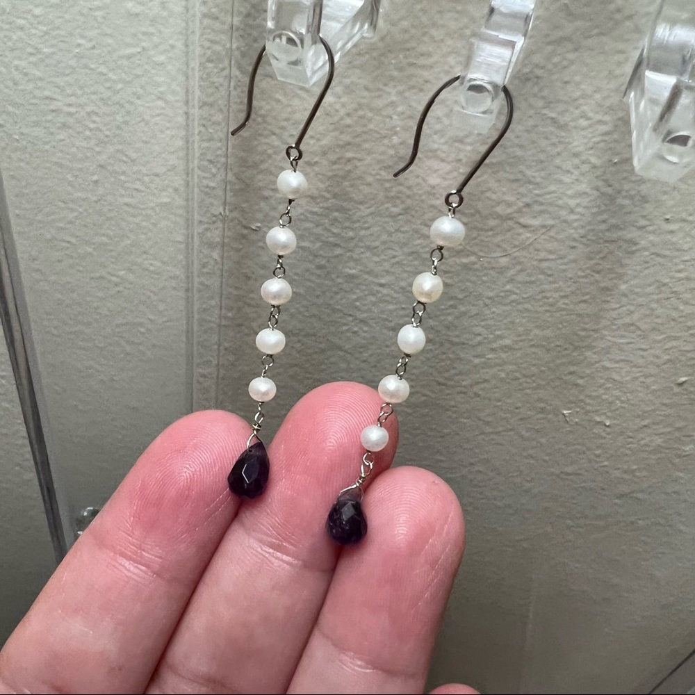 14K White Gold, Organic Pearl and Amethyst drop earrings!! 😍